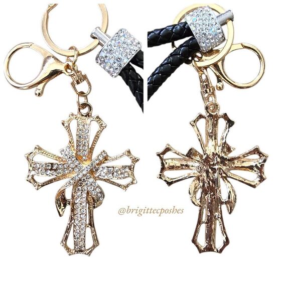 CHRISTIAN CROSS Sparkling Embellished Golden Tone Key Chain - Picture 10 of 11